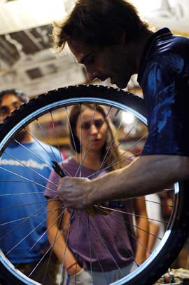 Phoenix teaching Time's Up! Bike Repair Class- photo by Serge Cashman for Time's Up!